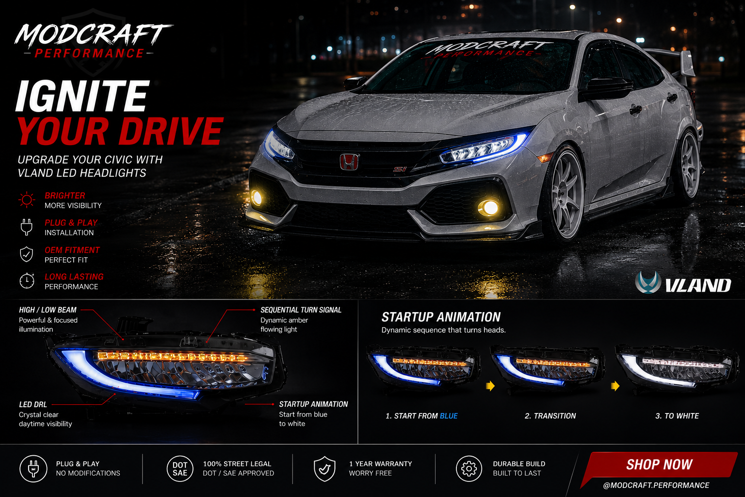 Premium VLAND LED Headlights (Blue Startup Sequence)