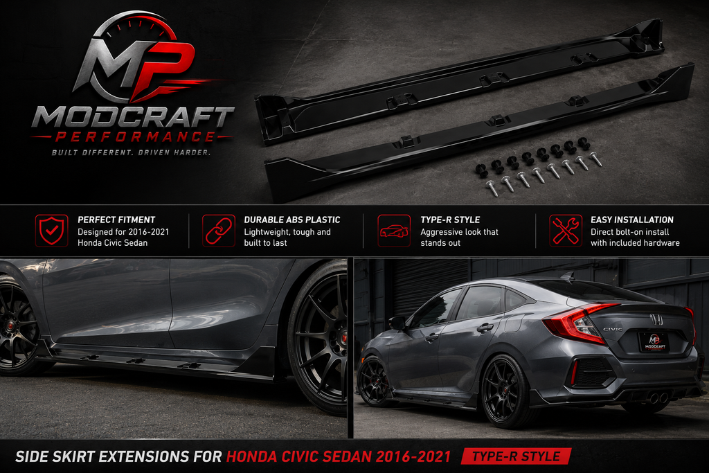 Honda Civic Sedan 2016–2021 Type R Style Side Skirt Extensions | Gloss Black ABS