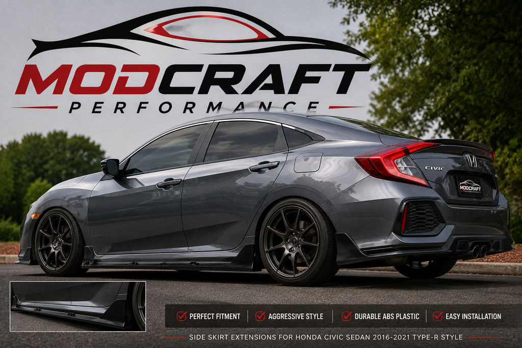 Honda Civic Sedan 2016–2021 Type R Style Side Skirt Extensions | Gloss Black ABS