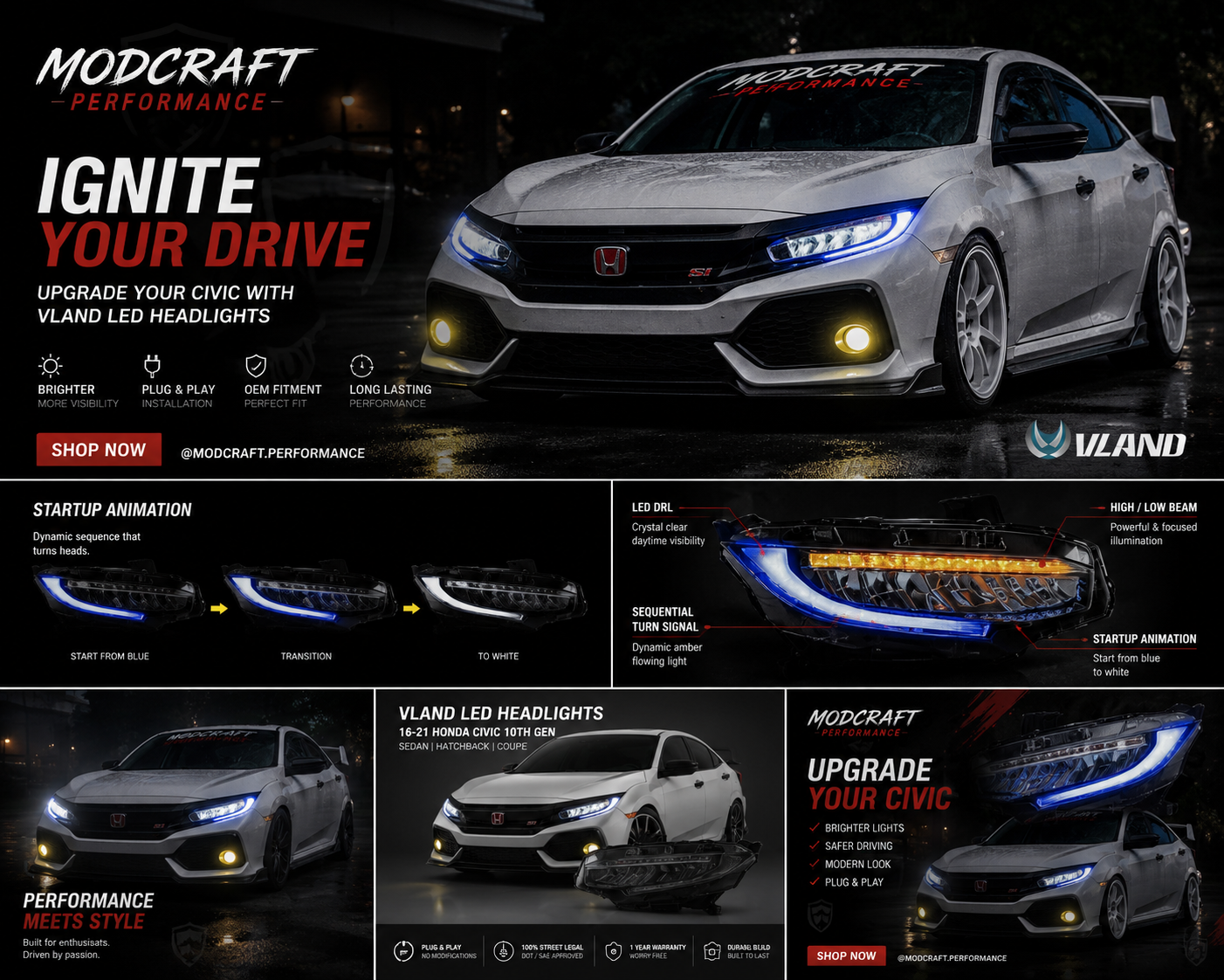 Premium VLAND LED Headlights (Blue Startup Sequence)