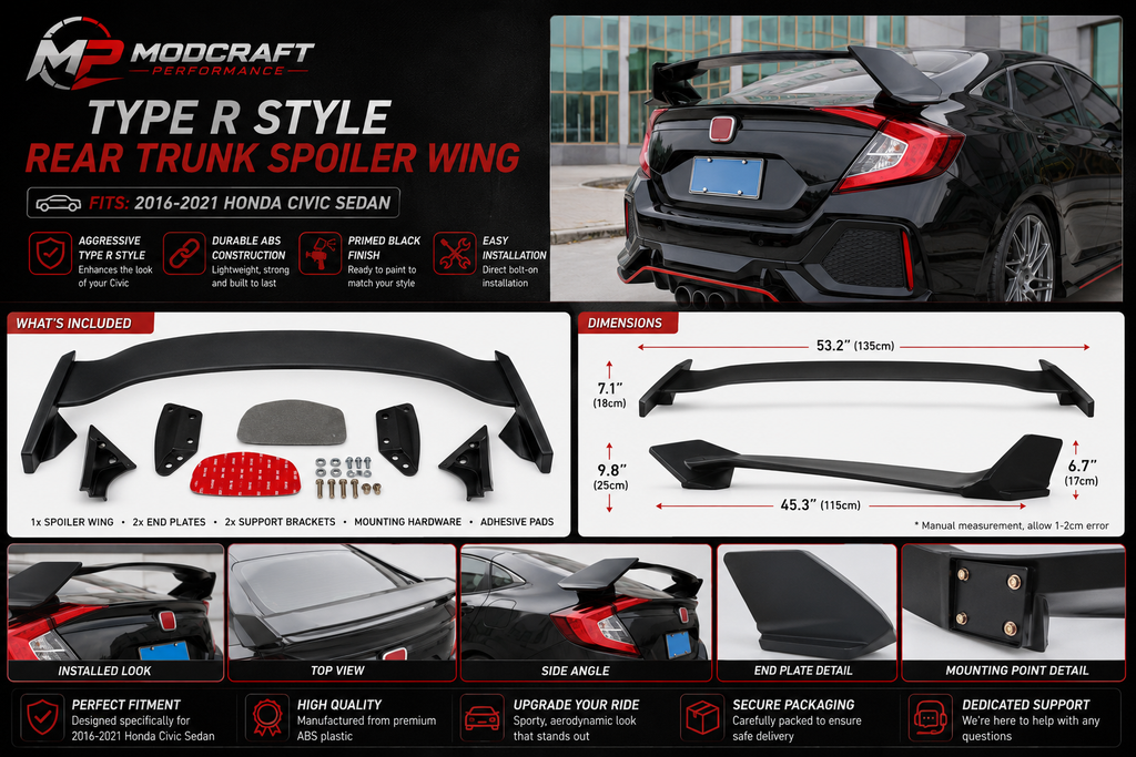 Honda Civic Sedan 2016–2021 Type R Style Rear Trunk Spoiler Wing | Primed Black ABS