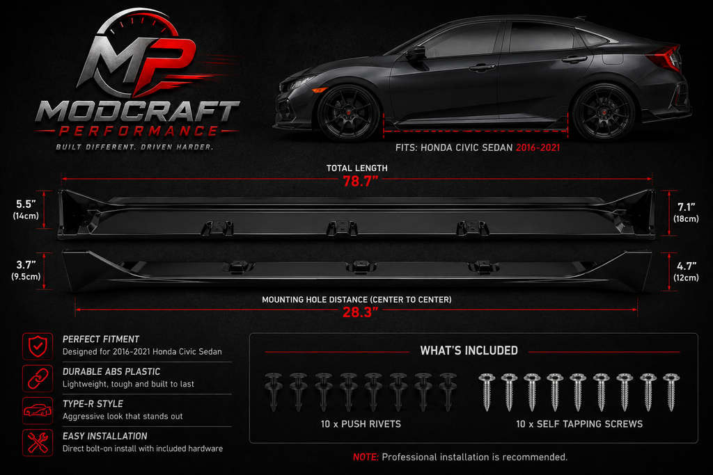 Honda Civic Sedan 2016–2021 Type R Style Side Skirt Extensions | Gloss Black ABS
