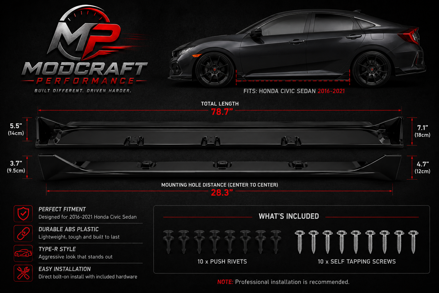 Honda Civic Sedan 2016–2021 Type R Style Side Skirt Extensions | Gloss Black ABS