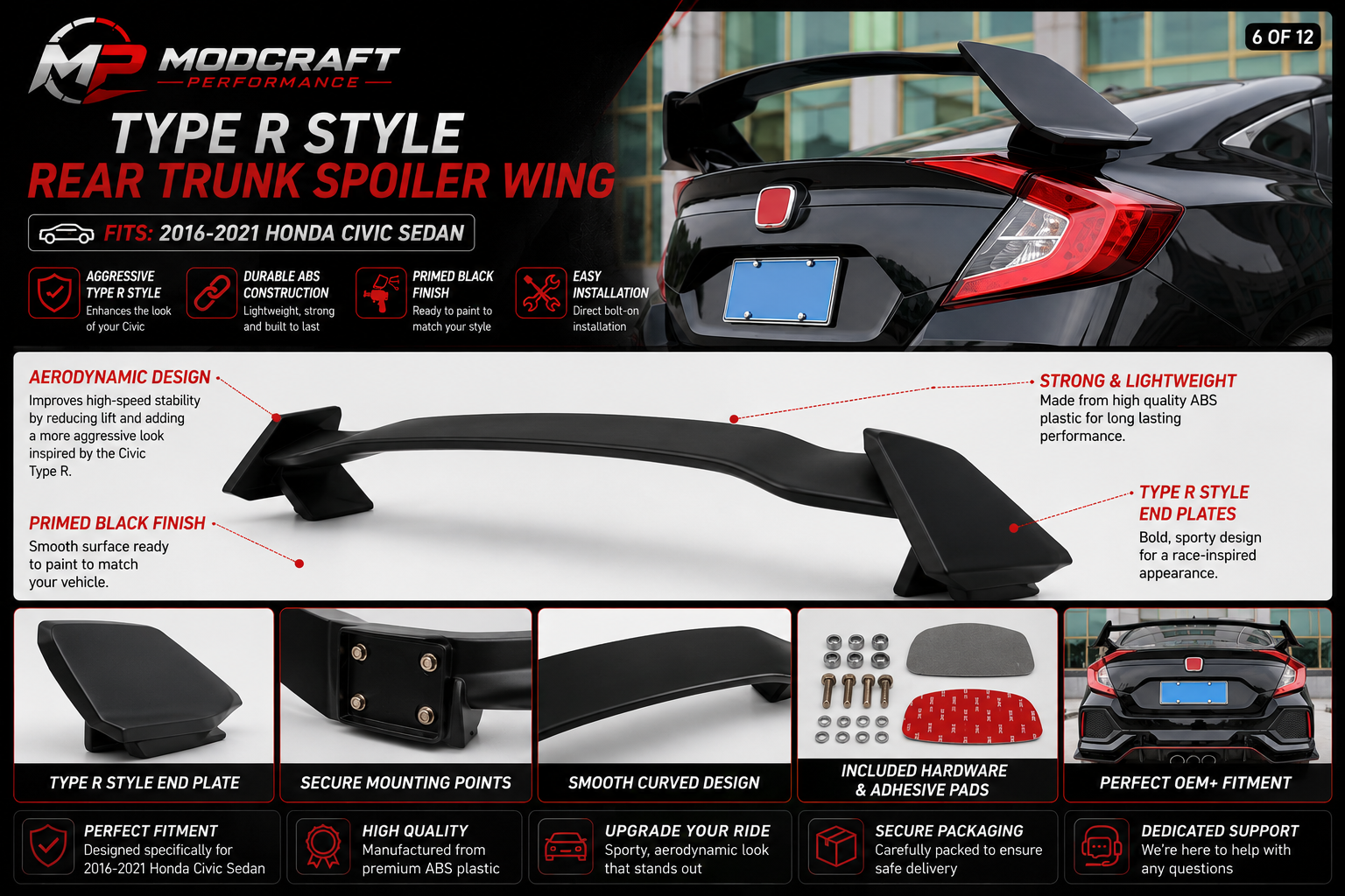 Honda Civic Sedan 2016–2021 Type R Style Rear Trunk Spoiler Wing | Primed Black ABS