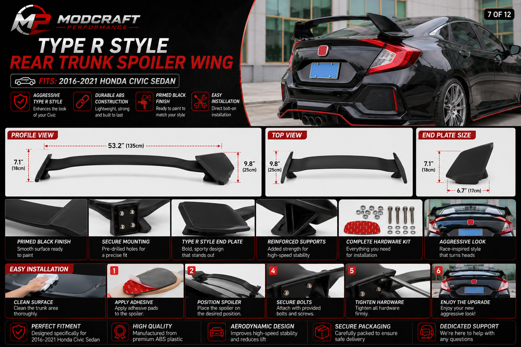 Honda Civic Sedan 2016–2021 Type R Style Rear Trunk Spoiler Wing | Primed Black ABS