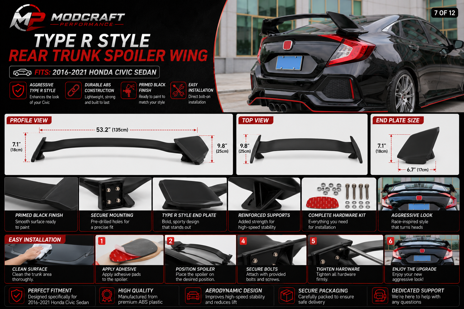 Honda Civic Sedan 2016–2021 Type R Style Rear Trunk Spoiler Wing | Primed Black ABS